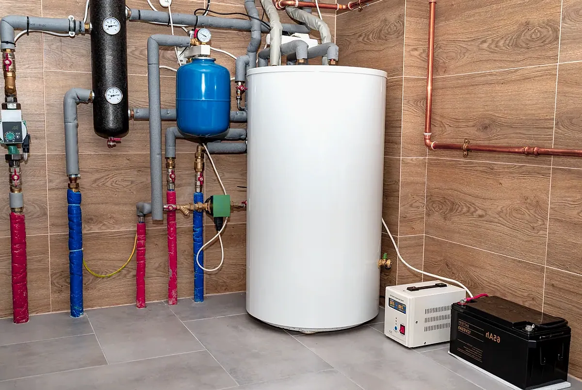 Sala técnica con depósito de agua caliente sanitaria en una vivienda de Logroño